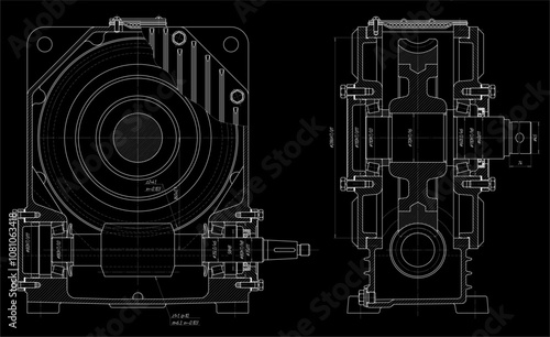 Assembly drawing of electrical reducer.
Vector design of steel mechanical device with shaft, worm gear, 
electric engine, bolt connection and dimension lines.
Engineering technic computer cad scheme.