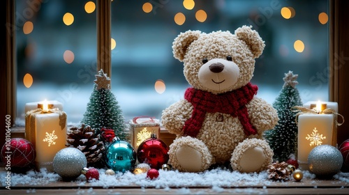 Wallpaper Mural Teddy bear on a window sill amid twinkling Christmas decorations. Torontodigital.ca