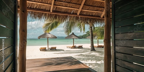 A serene view of a sandy beach with loungers and umbrellas from a beach hut photo