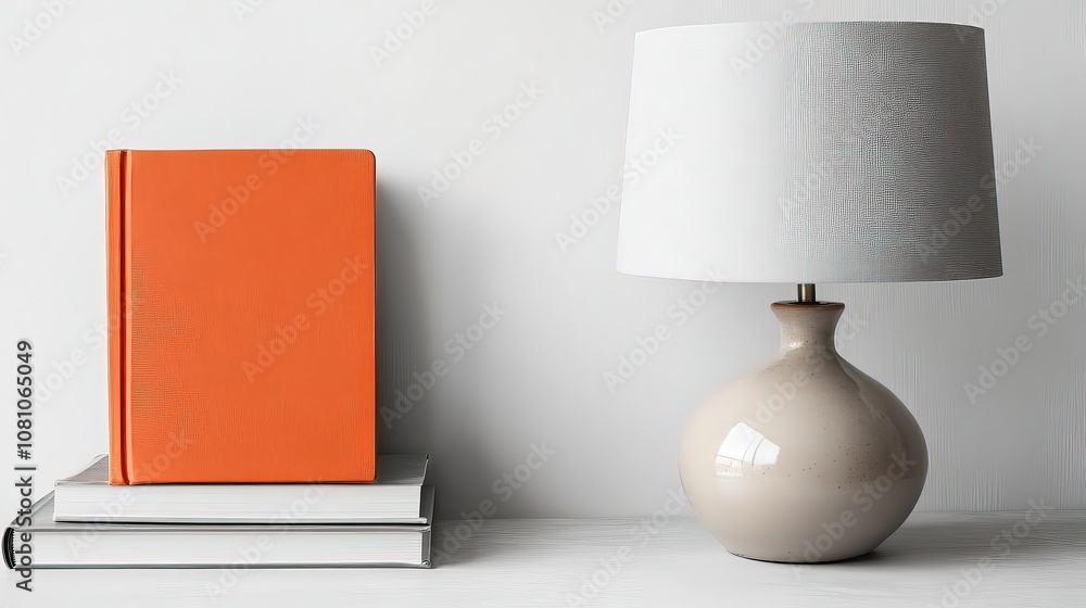 A stylish desk arrangement with books and a lamp. A stylish desk arrangement with books and a lamp.