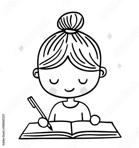 cute girl with a bun writting on a journal journaling doodle lineart vector coloring page black and white simple drawing