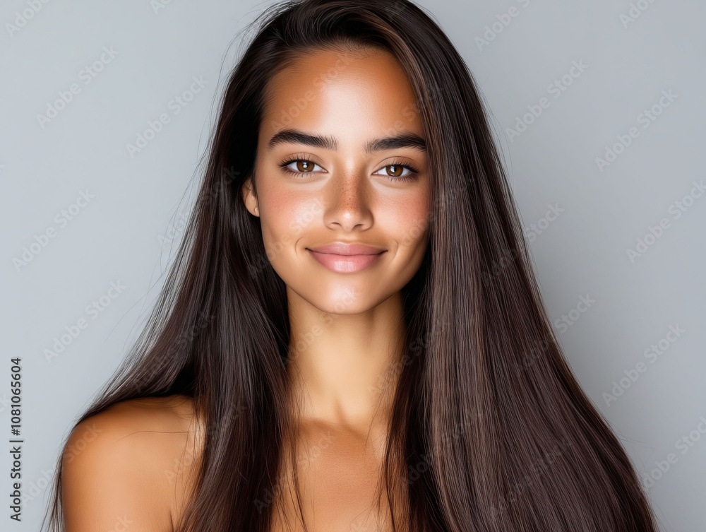A woman with long brown hair smiling at the camera A woman with long brown hair smiling at the camera