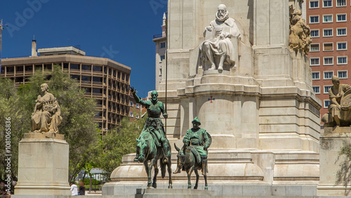 Stone sculpture of Miguel de Cervantes timelapse hyperlapse and bronze sculptures of Don Quixote and Sancho Panza photo