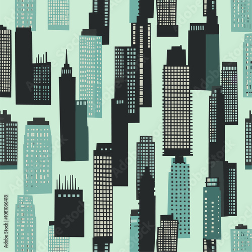 Trendy urban theme with modern city life, silhouette city skylines in black and teal, soft gray accents, light green background, decorative vector illustration.