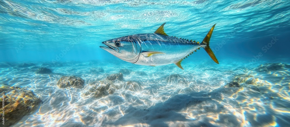 Obraz premium A lone tuna swims through crystal clear blue water with a sandy bottom in the background.