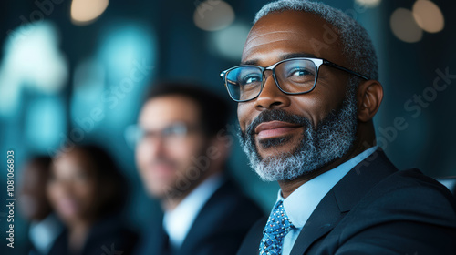 A distinguished man in a suit and glasses, exuding confidence and wisdom, sits in a professional setting, suggesting success and competence.