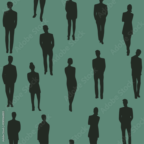 Modern human silhouettes in dark green and black, trendy dynamic pattern outlined against a soft teal backdrop, vector illustration, artistic design.