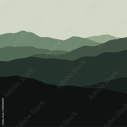 Trendy pattern of mountain peaks silhouette in dark green and black, gray horizon, dramatic landscape theme, outdoor art, vector illustration, nature wallpaper.