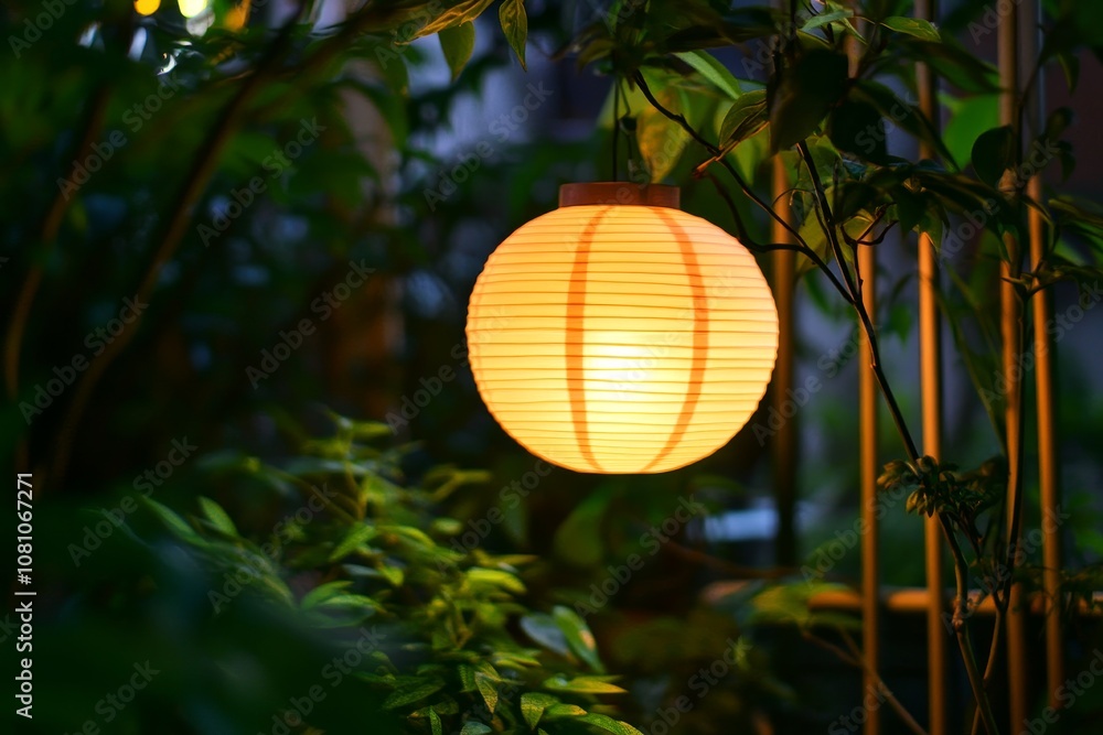Obraz premium A beautifully illuminated paper lantern hangs from a tree branch, casting a warm glow. The lantern symbolizes light, hope, and celebration. It is a perfect decoration for any outdoor setting, adding 