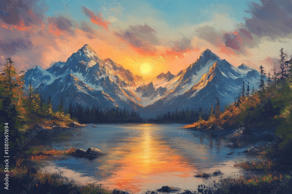 A breathtaking sunset paints the sky in vibrant hues as majestic snow-capped mountains rise above a serene mountain lake, with a golden reflection illuminating the water, showcasing the beauty of natu A breathtaking sunset paints the sky in vibrant hues as majestic snow-capped mountains rise above a serene mountain lake, with a golden reflection illuminating the water, showcasing the beauty of natu