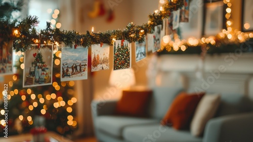 A collection of Christmas cards hanging on a festive garland in a living room