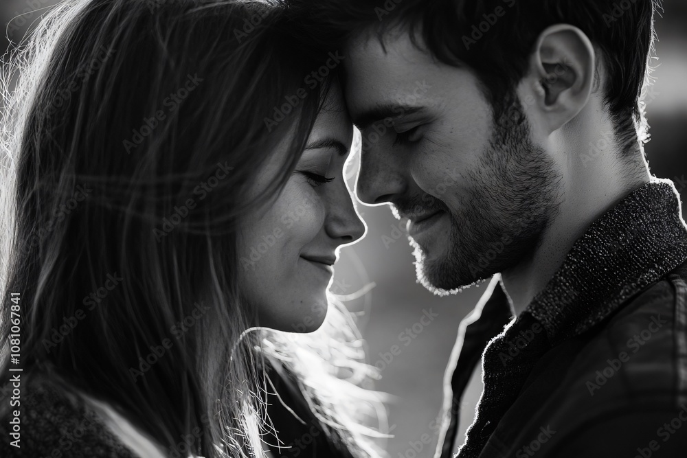 Romantic black and white portrait of a young couple touching foreheads, enjoying a tender moment of love and intimacy Romantic black and white portrait of a young couple touching foreheads, enjoying a tender moment of love and intimacy
