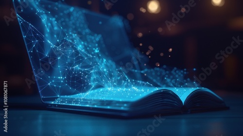 A glowing blue digital network emerges from an open book with a laptop in the background, representing the fusion of traditional knowledge and modern technology.