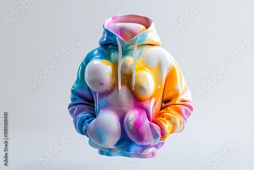 Multicolored, floating hoody with a unique, bubble like texture showcases a vibrant and playful approach to modern fashion design