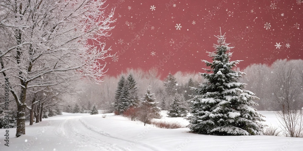Snowy Christmas scene with red background, wintry wonderland, icy streets, holiday magic Snowy Christmas scene with red background, wintry wonderland, icy streets, holiday magic