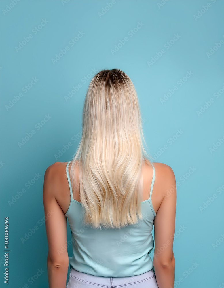young woman with blonde hair standing with her back to the camera isolated on light blue pastel background young woman with blonde hair standing with her back to the camera isolated on light blue pastel background