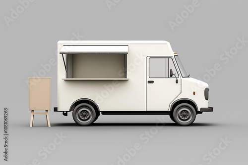 A white food truck with an open window with blank space for text at an empty advertise sign beside the car on a plain gray background.  photo