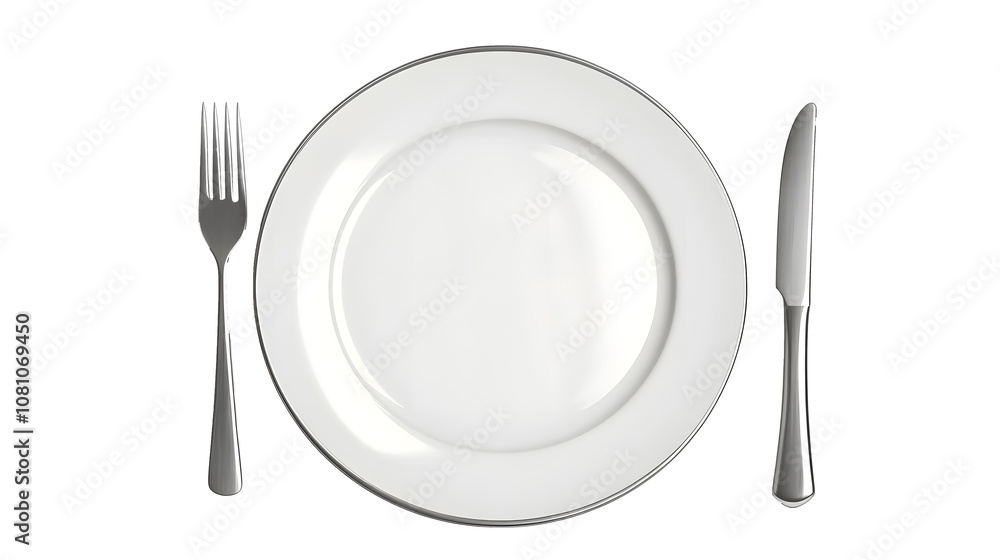 Stainless steel plate with knife and fork on a transparent background. isolated background. Stainless steel plate with knife and fork on a transparent background. isolated background.