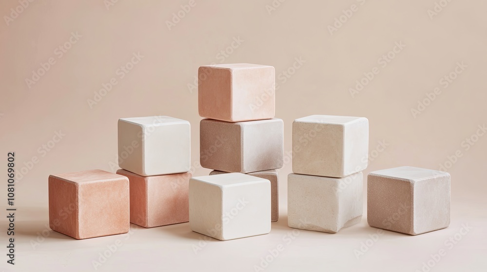 Abstract 3D cubes clustered in a balanced layout, featuring smooth surfaces and a soft color palette for a calming modern aesthetic. Abstract 3D cubes clustered in a balanced layout, featuring smooth surfaces and a soft color palette for a calming modern aesthetic.