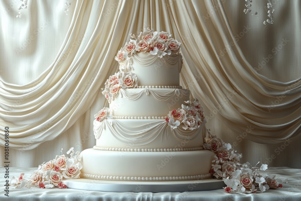 Fototapeta premium Delicious tiered wedding cake decorated with white roses, standing on a table with draped fabric, creating a sophisticated and romantic atmosphere