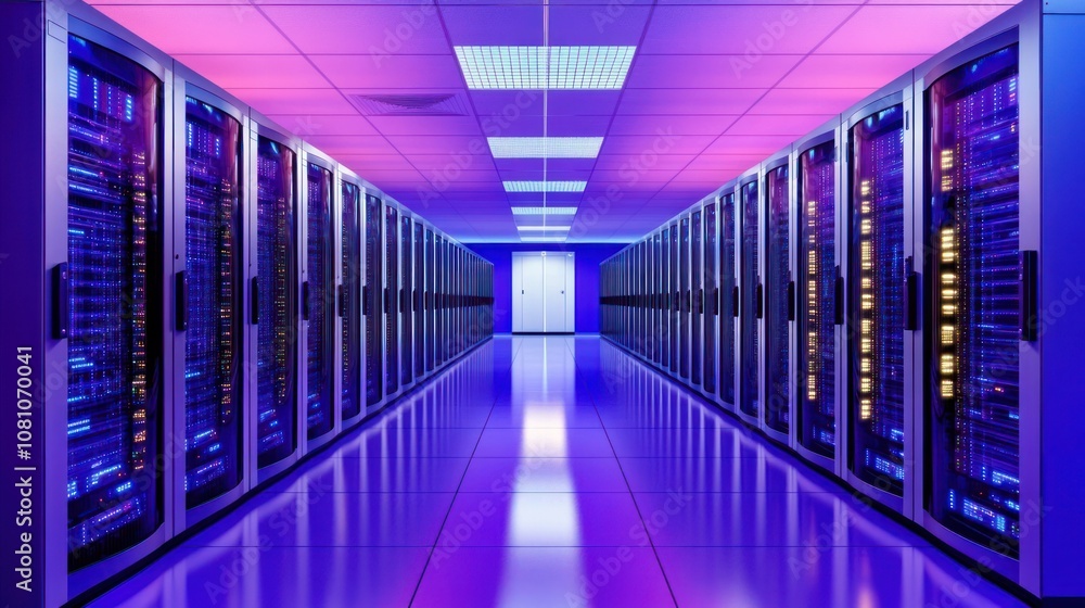 Fototapeta premium Data Center Server Corridor with Illuminated Racks. Perspective View of Technology Infrastructure