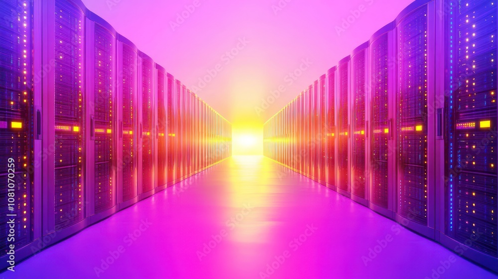 Fototapeta premium Data Center Server Corridor with Illuminated Racks. Perspective View of Technology Infrastructure