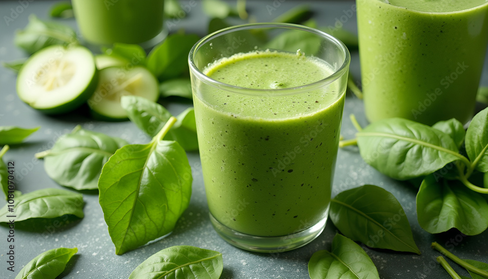 Green smoothie in a glass surrounded by fresh spinach leaves and cucumber slices on a dark background Green smoothie in a glass surrounded by fresh spinach leaves and cucumber slices on a dark background