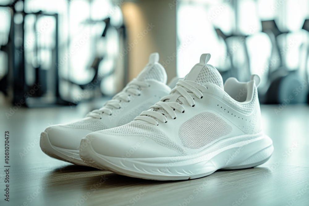 Clean white pair of running shoes sit on the floor of a fitness center after a workout Clean white pair of running shoes sit on the floor of a fitness center after a workout