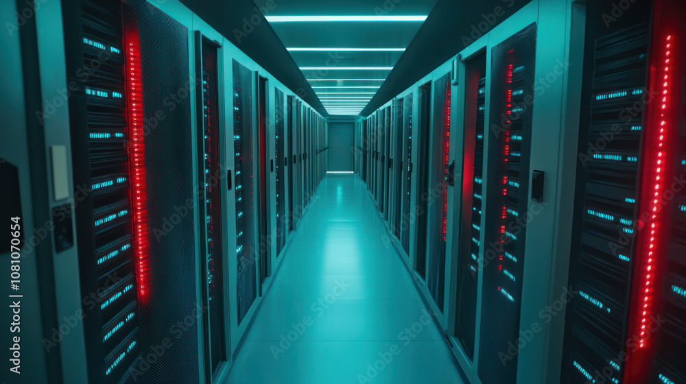 Fototapeta premium Data Center Server Corridor with Illuminated Racks. Perspective View of Technology Infrastructure