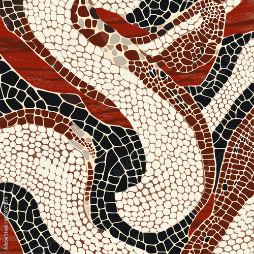 Trendy pattern in bold stripey snake skin, creamy white and deep burgundy, textile design, poster background, vector illustration, detailed line work, wallpaper.