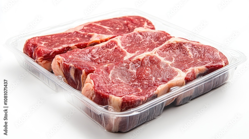 Fresh beef steak in vacuum-sealed clear plastic packaging, placed on a bright white background, showcasing premium quality meat with marbling. Fresh beef steak in vacuum-sealed clear plastic packaging, placed on a bright white background, showcasing premium quality meat with marbling.