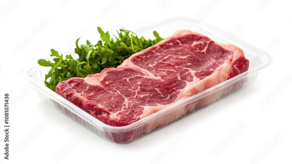 Fresh beef steak in vacuum-sealed clear plastic packaging, placed on a bright white background, showcasing premium quality meat with marbling.