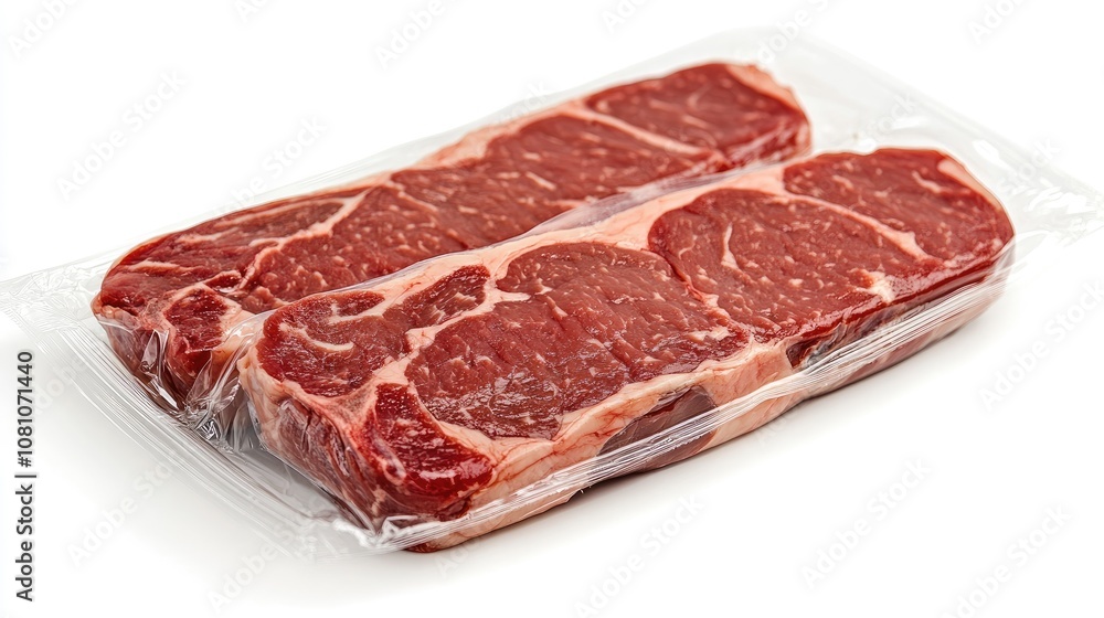 Fresh beef steak in vacuum-sealed clear plastic packaging, placed on a bright white background, showcasing premium quality meat with marbling. Fresh beef steak in vacuum-sealed clear plastic packaging, placed on a bright white background, showcasing premium quality meat with marbling.