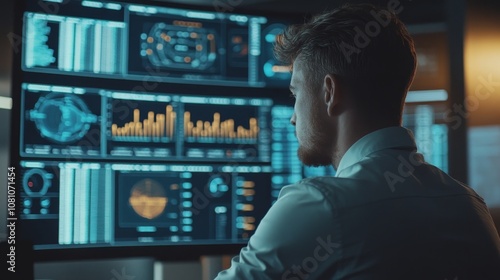 A data analyst intently studies a large digital display showcasing complex data visualizations and key performance indicators, revealing a focused and analytical mindset within a modern tech environme