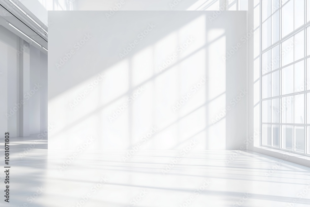 Blank white wall mockup in sunny modern empty gallery, 3d rendering. Clear big stand mock up in museum with contemporary art exhibitions. Large hall interior with wide banner exposition template. Blank white wall mockup in sunny modern empty gallery, 3d rendering. Clear big stand mock up in museum with contemporary art exhibitions. Large hall interior with wide banner exposition template.