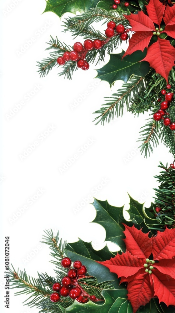 A festive border of Christmas plants on a white background, featuring holly, poinsettia, and red berries, symbolizing joy, tradition, warmth, holiday cheer, and winter. A festive border of Christmas plants on a white background, featuring holly, poinsettia, and red berries, symbolizing joy, tradition, warmth, holiday cheer, and winter.
