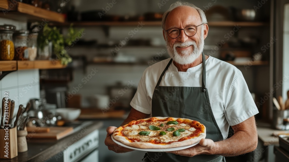 A smiling chef in a rustic kitchen presents a freshly baked pizza topped with herbs and cheese, highlighting warmth, satisfaction, and expert baking skills. A smiling chef in a rustic kitchen presents a freshly baked pizza topped with herbs and cheese, highlighting warmth, satisfaction, and expert baking skills.