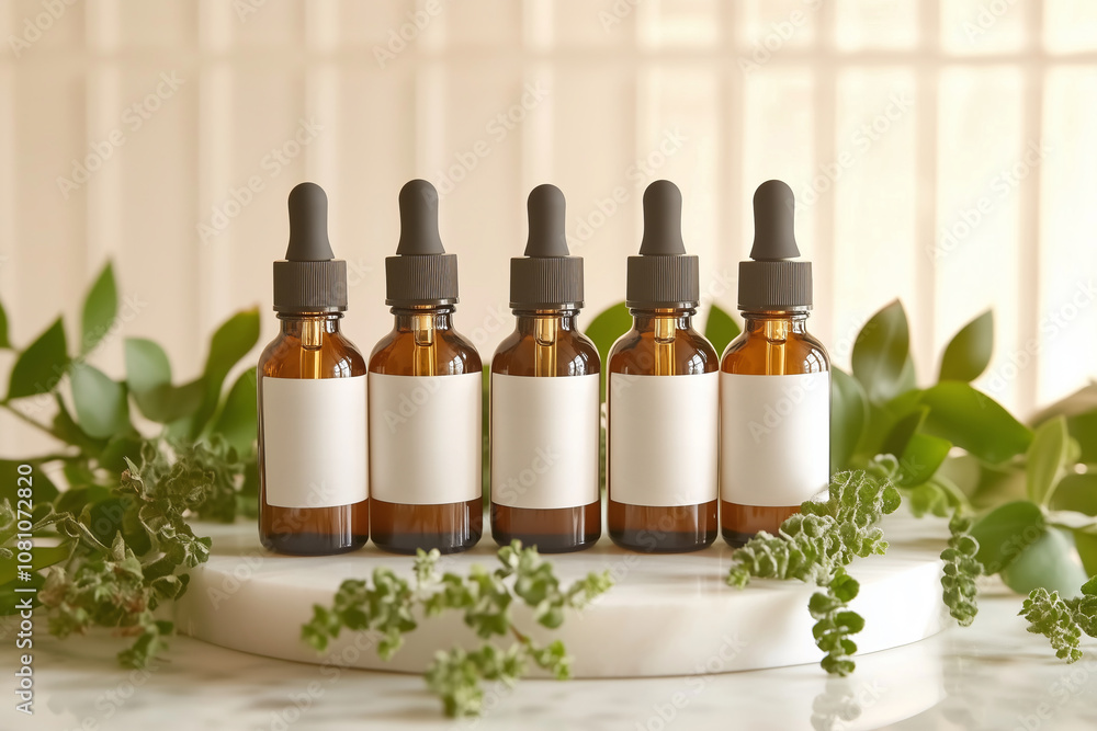 Five brown glass bottles with white labels and droppers, on a white marble surface surrounded by green leaves. Five brown glass bottles with white labels and droppers, on a white marble surface surrounded by green leaves.