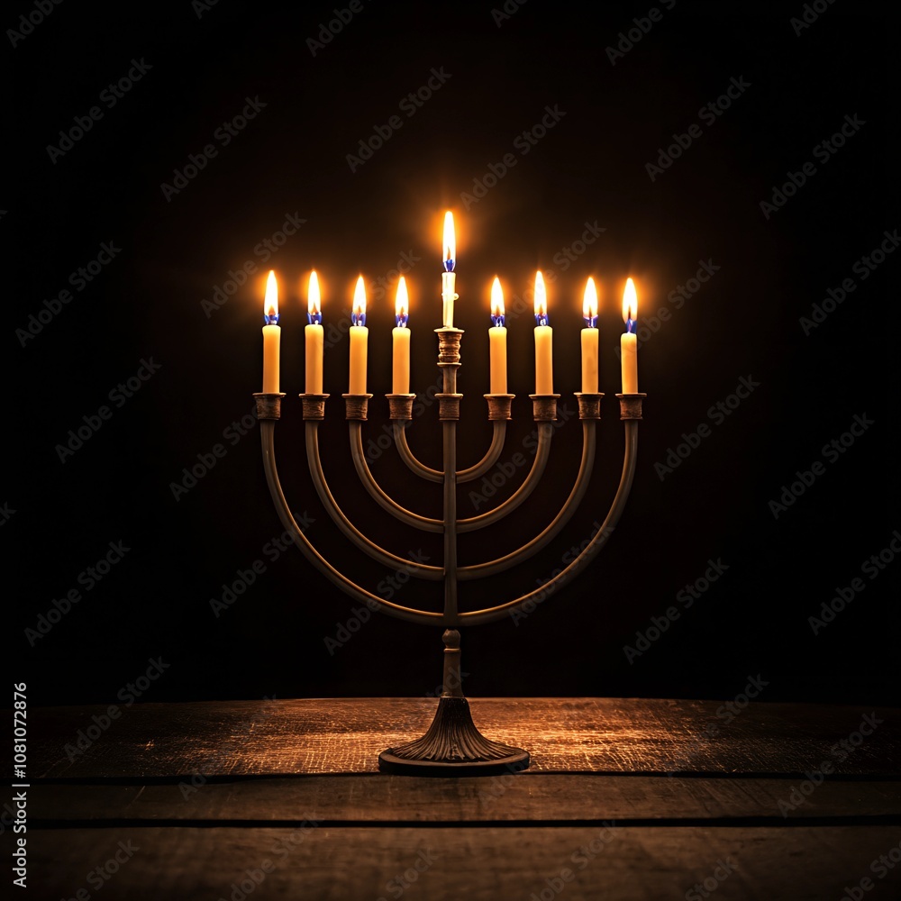 Glowing Hanukkah menorah in dark setting with candlelight Glowing Hanukkah menorah in dark setting with candlelight