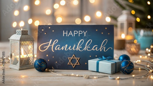 Happy Hanukkah card with lantern, gifts, and festive ornaments photo