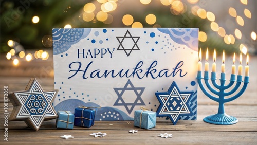 Happy Hanukkah card with lantern, gifts, and festive ornaments photo