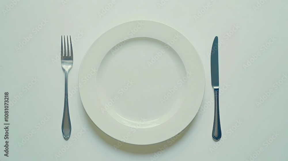 White plate with a fork and knife on either side, slightly offset for a contemporary, minimalistic composition on a blank white background. White plate with a fork and knife on either side, slightly offset for a contemporary, minimalistic composition on a blank white background.