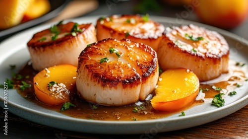 A delectable dish featuring juicy, pan-seared scallops paired with fresh, sliced peaches, garnished with herbs to offer a perfect blend of sweet and savory.