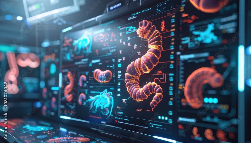 Fototapeta premium Colon testing results on digital interface in laboratory or surgical background, innovative technology in science and medicine concept. medical technology