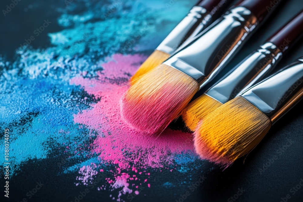Fototapeta premium Colorful paintbrushes resting on vibrant powdered pigments at an artist's workspace
