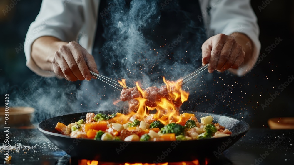 A chef expertly flambés a colorful mix of vegetables and meats in a sizzling pan, creating a dramatic effect with flames and smoke in a dynamic cooking scene. A chef expertly flambés a colorful mix of vegetables and meats in a sizzling pan, creating a dramatic effect with flames and smoke in a dynamic cooking scene.