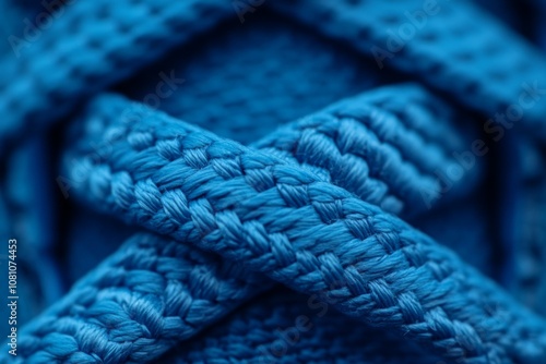 Macro photograph highlighting the intricate weave of blue shoelaces, emphasizing texture and craftsmanship