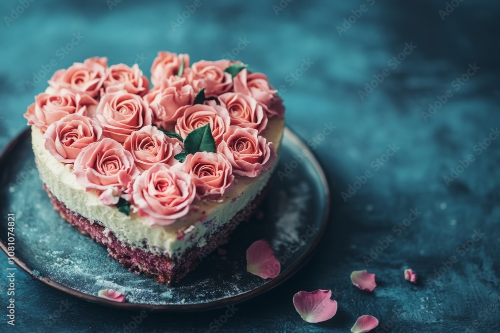 Delicious heart shaped cake decorated with pink roses, perfect for valentine's day or a romantic occasion Delicious heart shaped cake decorated with pink roses, perfect for valentine's day or a romantic occasion