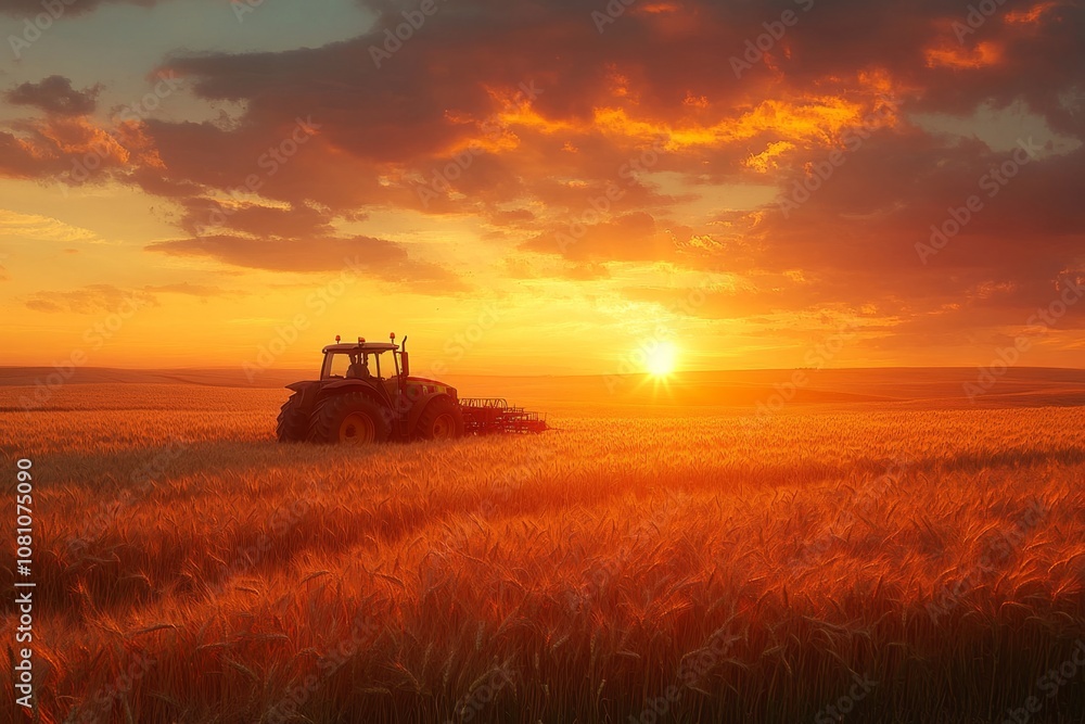 Fototapeta premium Tractor working during a beautiful sunset on a wheat field, creating a warm and vibrant agricultural scene