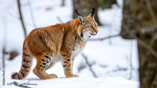 Wild solitary lynx stands alert at forest edge, fur fluffed, whiskers twitching, paws splayed, inspecting virgin snow-covered landscape. photo